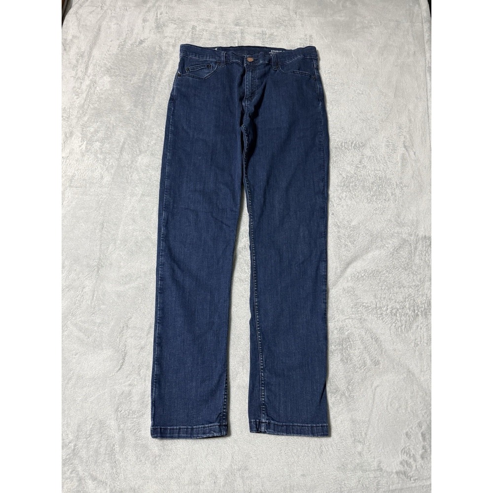Mugsy Jeans Mens 33x32 Studio Blues Denim Straight Stretch Medium Wash Blue